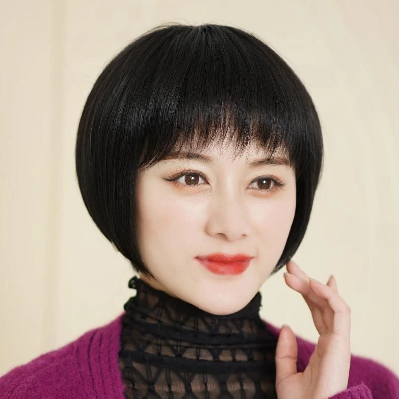中老年妈妈假发真发头套舒适真发波波头光头黑色短发全头套真头发