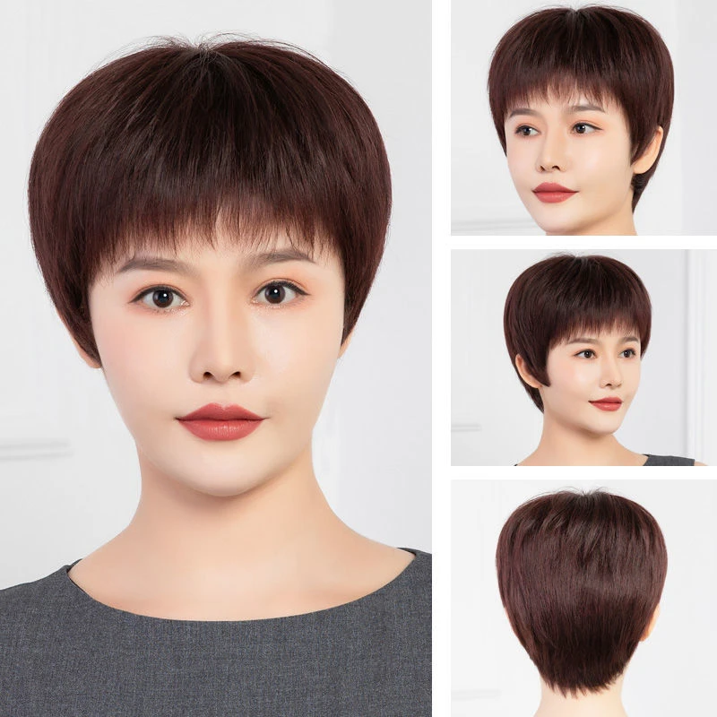夏天轻薄假发女短直发中老年妈妈全头套自然真发混丝女士假发