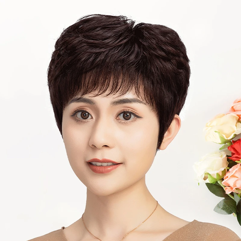 假发短发女真发全头套真人发丝女士中老年妈妈自然蓬松卷发假发套