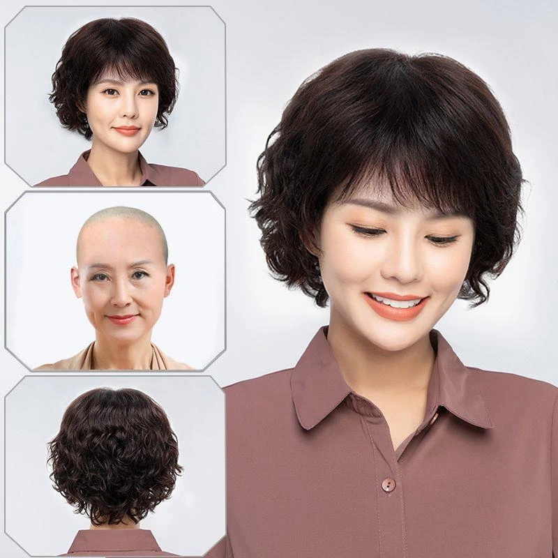 假发短发女假发真发全真人发短卷发光头假发女士中老年妈妈假发套