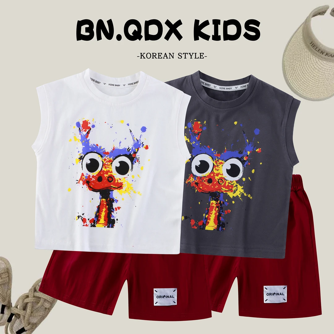 儿童夏季背心+短裤两件套个性潮流时尚洋气男女童薄款套装1-13岁