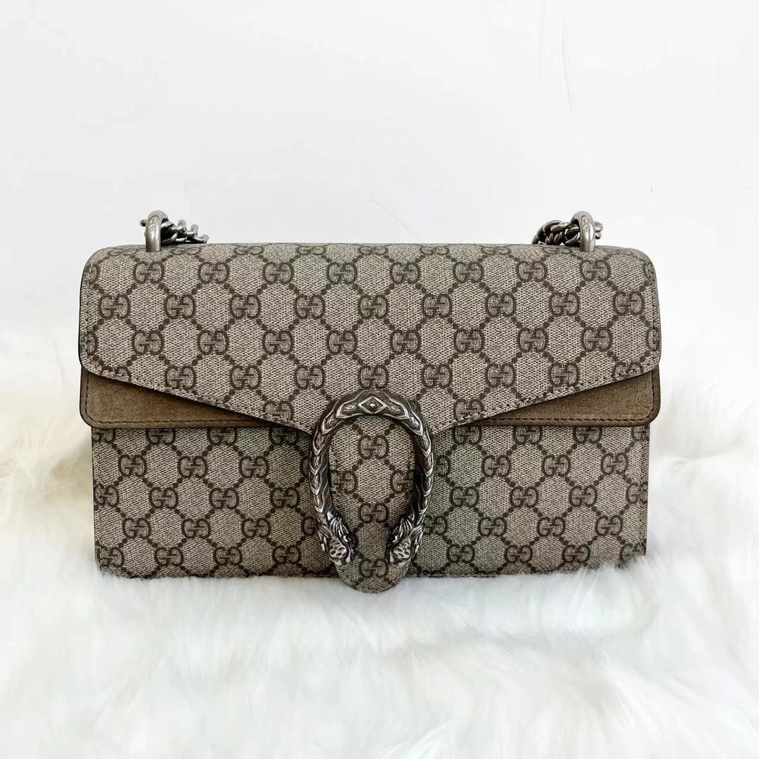 95新 GUCCI/古驰 酒神中号驼色链条单肩包/老花/卡其色/老周严选