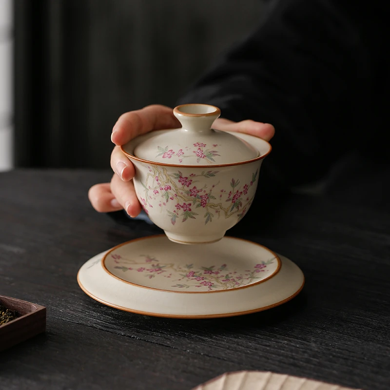 三才盖碗米黄汝窑开片可养泡茶碗功夫茶具敬茶器家用陶瓷沏茶杯