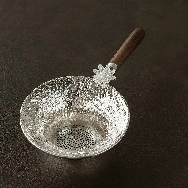 鎏银茶漏茶滤黑檀木把锡茶漏过滤器公道杯功夫茶具套装茶叶茶滤网