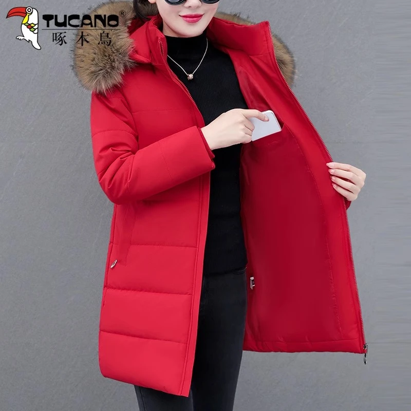 【官方品牌】啄木鳥中长款棉服女秋冬季2024新款加厚保暖大毛领棉衣