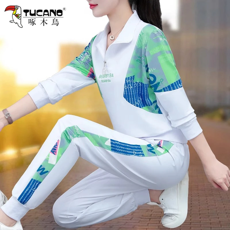 【官方品牌】啄木鳥运动休闲套装女2025春秋中年妈妈洋气卫衣两件套