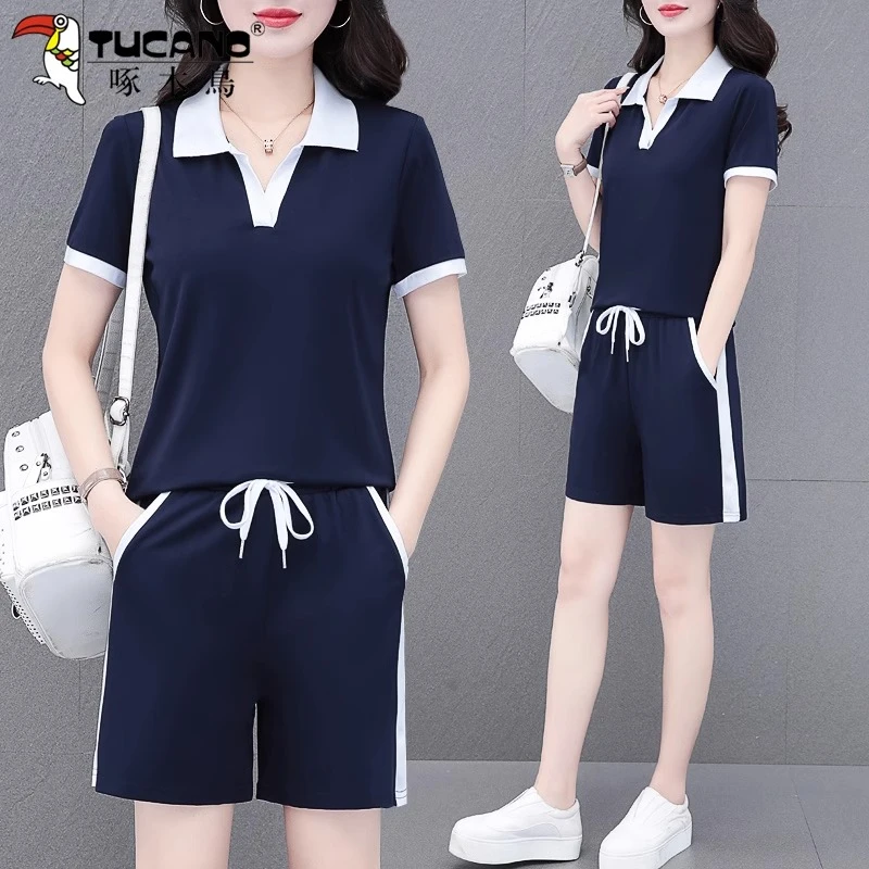 【官方品牌】啄木鳥V领休闲套装女夏2024年新款妈妈减龄洋气两件套