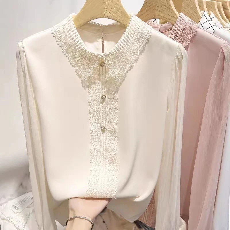 娃娃领蕾丝边春秋新款宽松春季服饰长袖洋气时尚打底衫衬衣上衣女