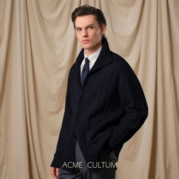 【970g纯澳毛】AC阿兰绞花落肩高领韩版针织开衫男渔夫宽松毛衣外套