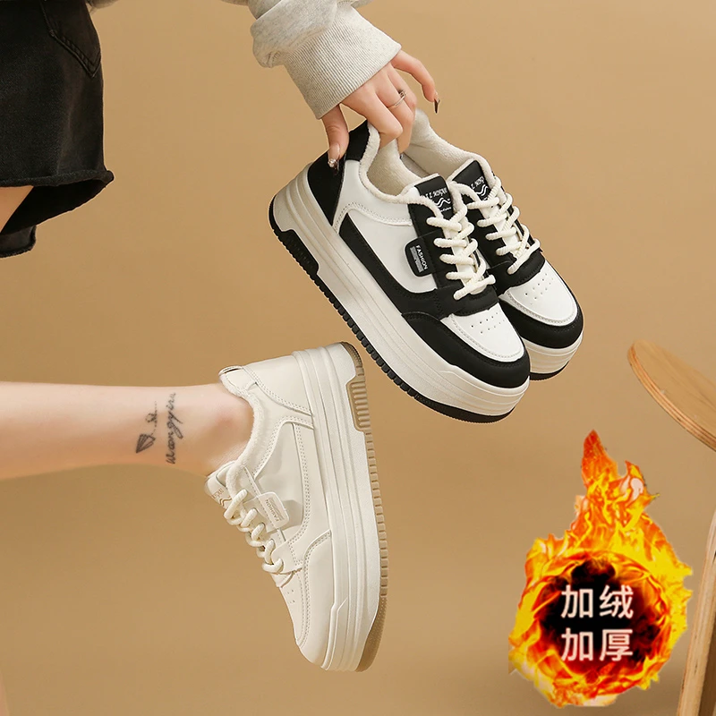 天花板品质加绒保暖女鞋时尚运动休闲板鞋棉鞋厚底真皮小白鞋百搭