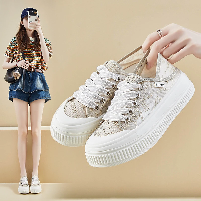 天花板品牌联名款夏季网面透气女鞋运动休闲板鞋厚底真皮小白鞋