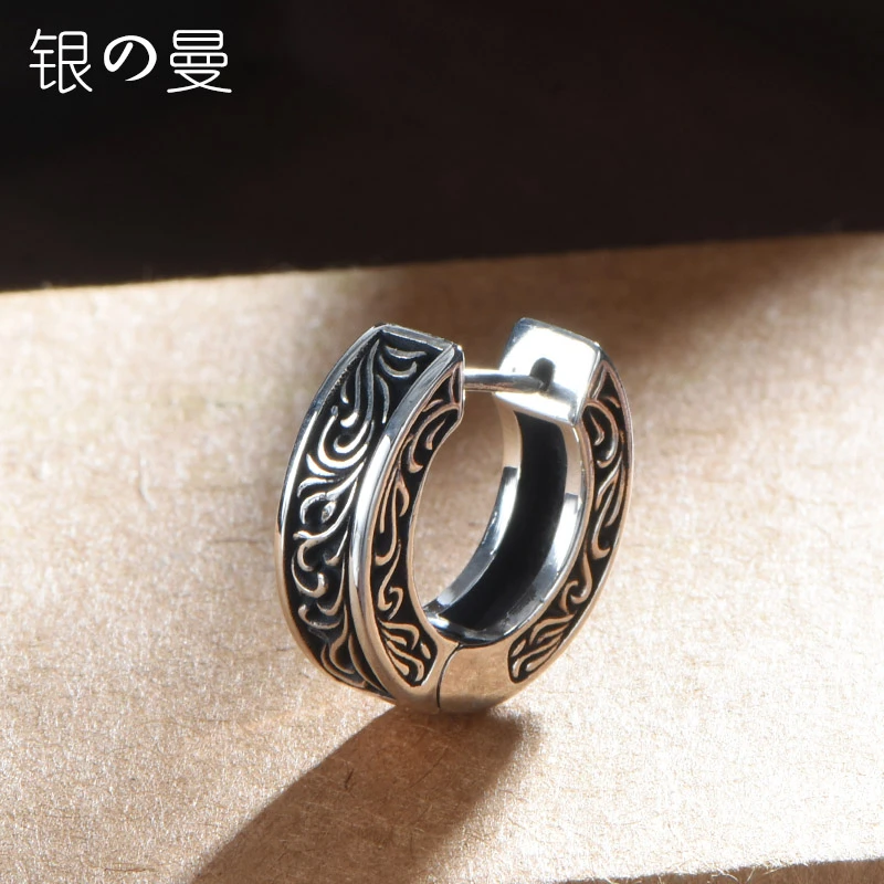 复古男士耳环单只创意古风气质街头帅哥925纯银耳圈潮人耳扣耳饰