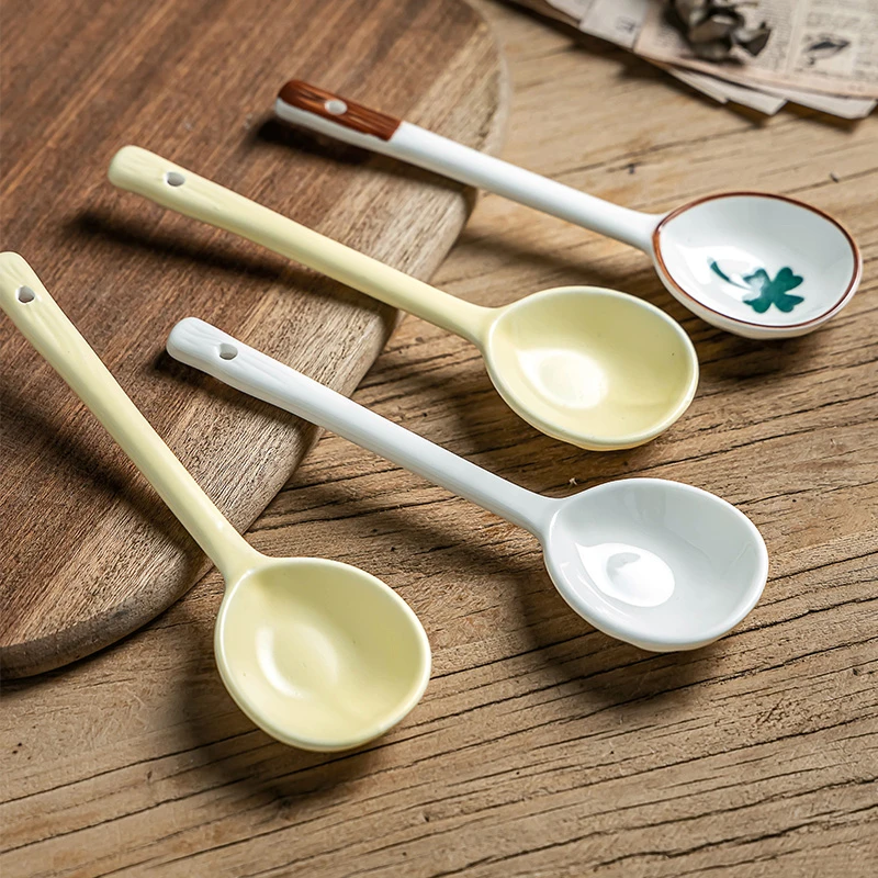 复古陶瓷勺子长柄家用高颜值甜品勺简约创意饭勺汤匙调羹