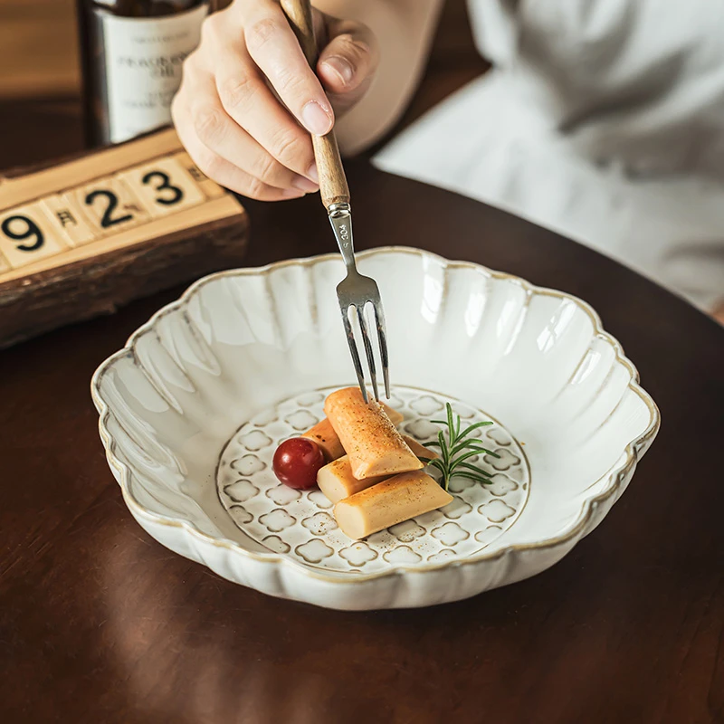 中古浮雕盘复古餐盘陶瓷深盘8英寸盘子家用餐具菜盘沙拉盘意面盘