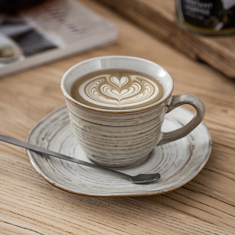 美式复古螺纹陶瓷咖啡杯碟精致下午茶杯碟套组家用高颜值茶杯小碟