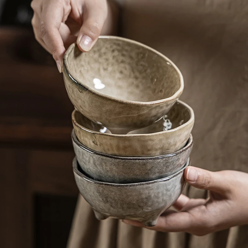 日式窑变复古异形三脚陶瓷米饭碗甜品碗特色家用喝粥碗个人专用碗