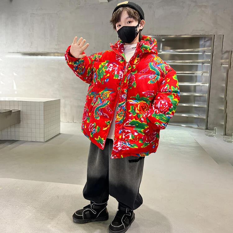 儿童上衣东北花袄男童外套大花布衣服喜庆过年宝宝冬季拜年服加厚