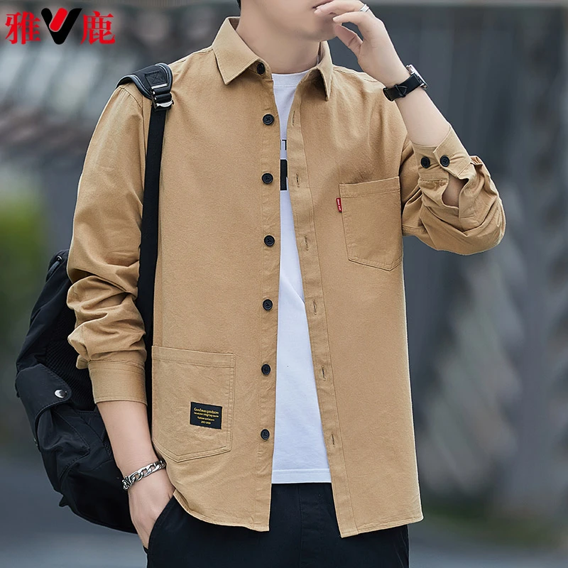 V/雅鹿春秋高档纯棉免烫宽松衬衫男士长袖休闲工装日系复古外套装