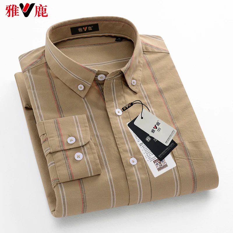V/雅鹿条纹纯棉牛津纺男士长袖春上新衬衫休闲百搭中青年衬衫打底