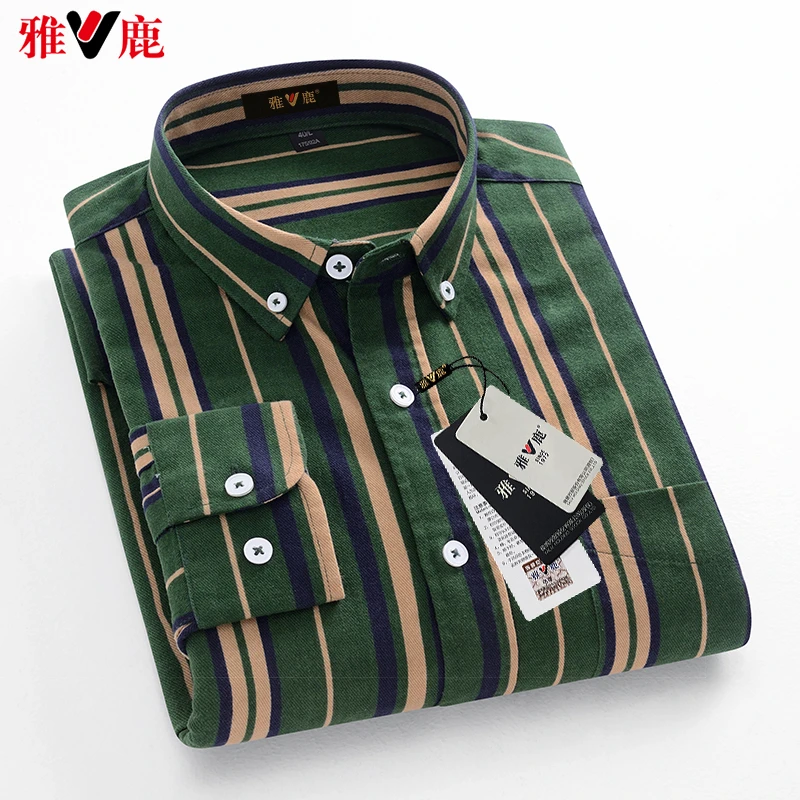 V/雅鹿韩版纯棉男士长袖衬衫春秋新款牛津纺条纹日系中青年打底衫