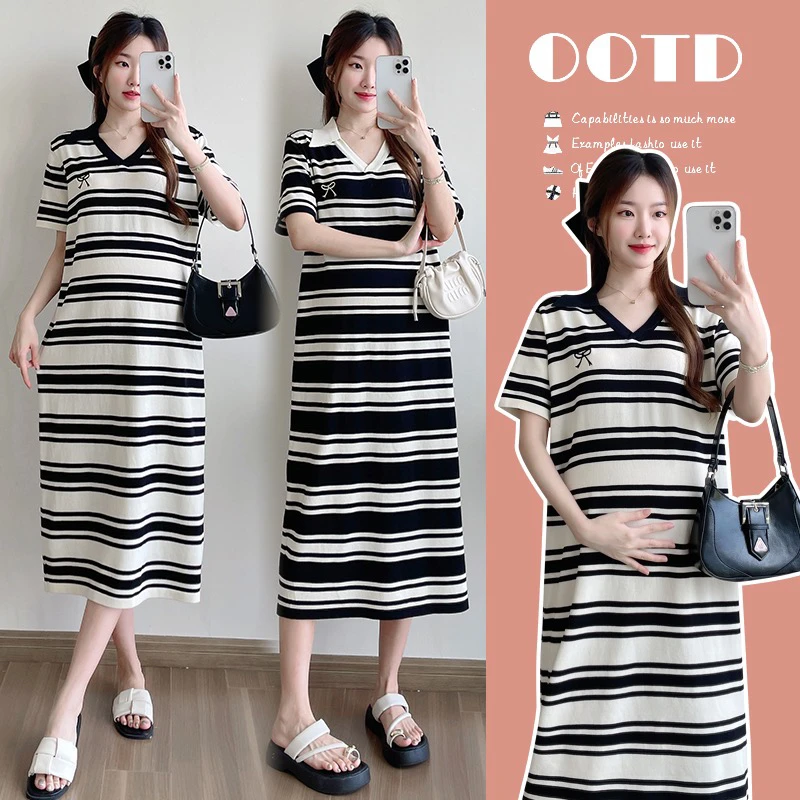 孕妇夏装连衣裙新款V领条纹宽松中长款大码连衣裙