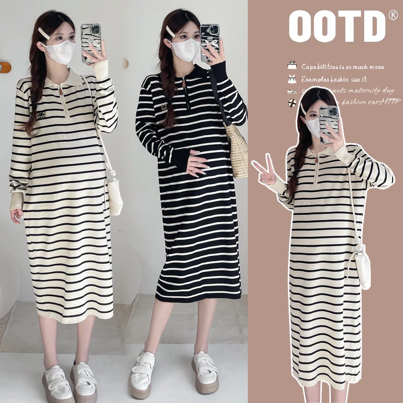 春秋新款孕妇POLO领长袖条纹宽松半开领气质减龄孕妇连衣裙