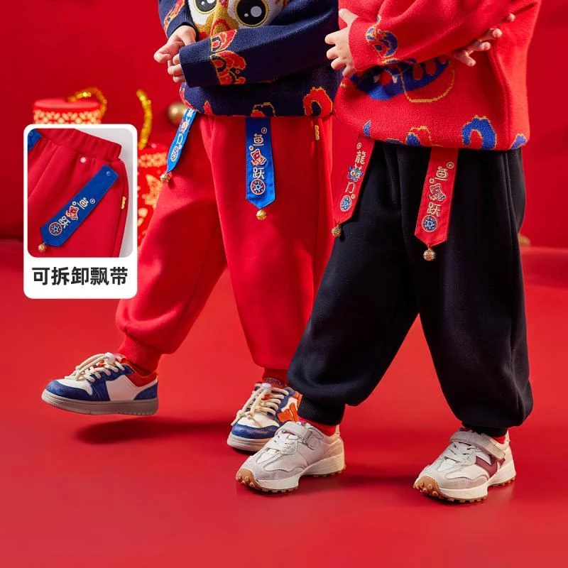 宝宝唐装裤子加绒冬季儿童长裤龙年过年服女童年装冬款男童拜年服