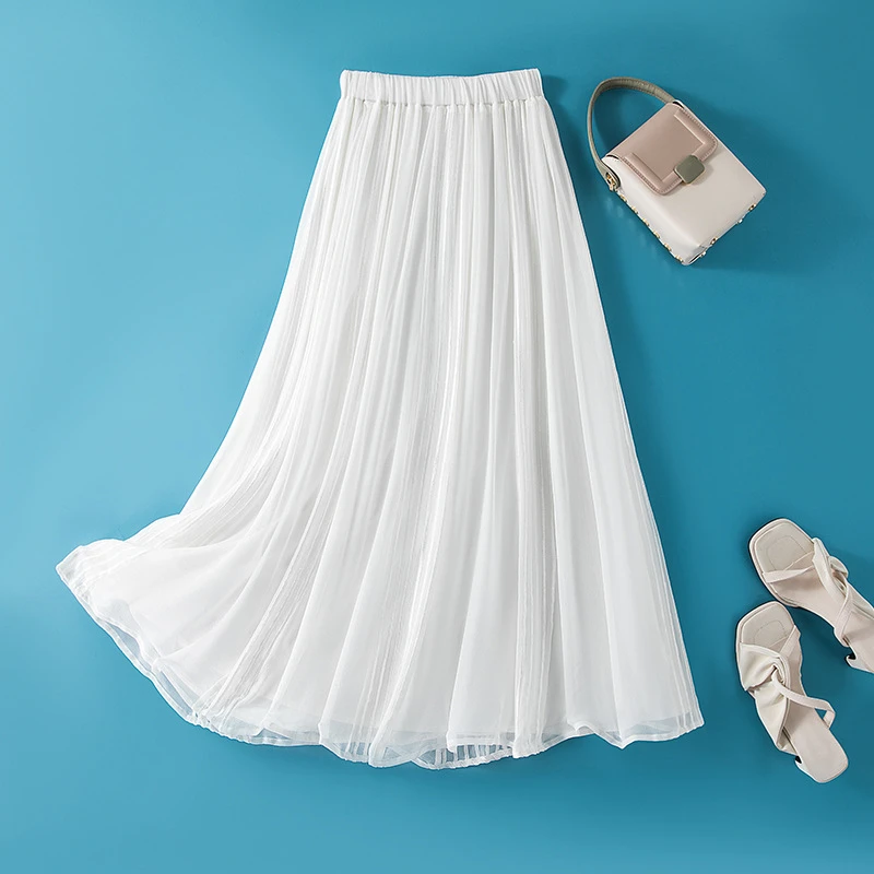 大摆白色真丝半身裙女夏季海边度假很仙的100%桑蚕丝半身长裙仙女