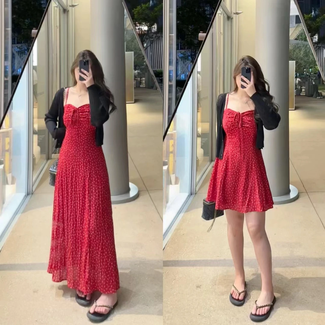 【MuMu】法式碎花红色气质温柔感海边沙滩吊带长裙WP765