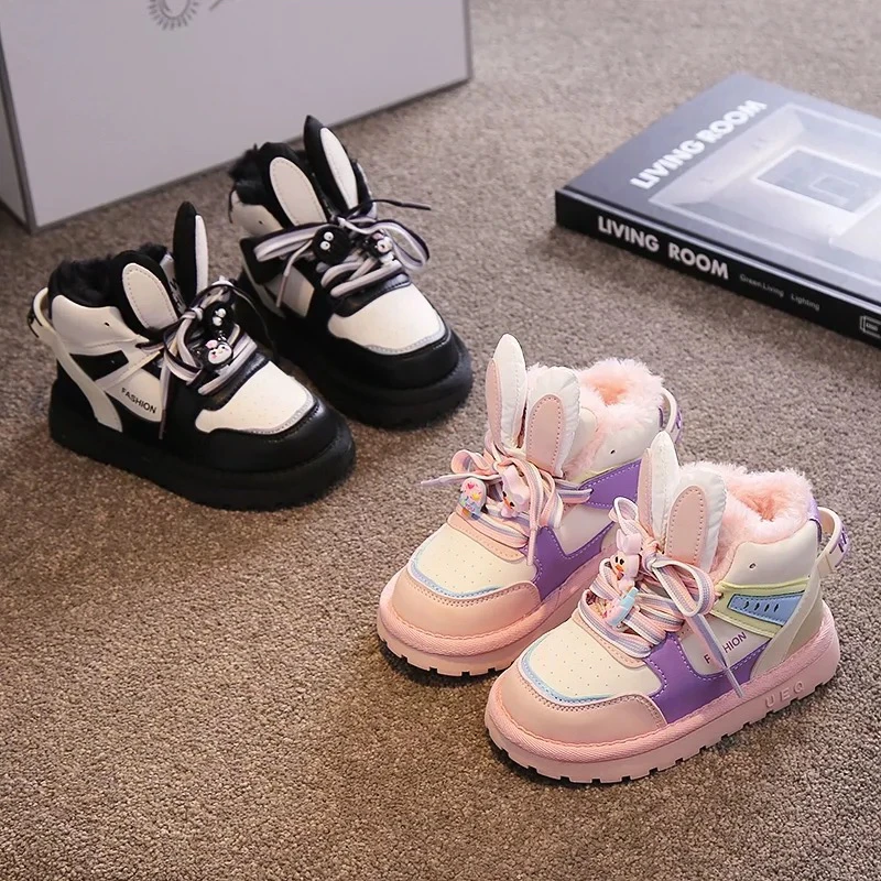 儿童雪地靴女童兔耳朵棉鞋2024新款冬季加绒加厚大童棉靴7739