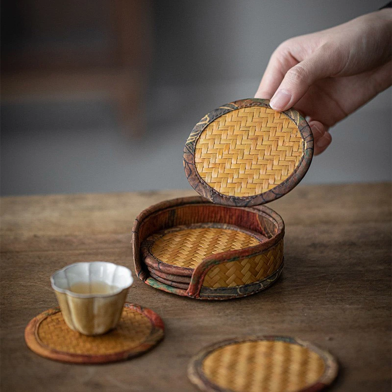 香云纱布艺茶杯垫手工竹编茶杯托茶桌隔热桌垫轻奢高级感圆形茶托