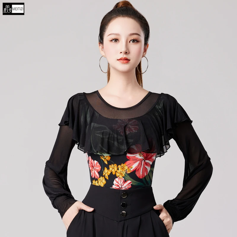 2025成人拉丁舞上衣女秋季新款跳舞蹈练功服长袖网纱荷叶边舞蹈服