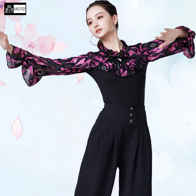 2025春夏跳舞蹈上衣新款女长袖成人拉丁摩登舞练功时尚交谊舞服装