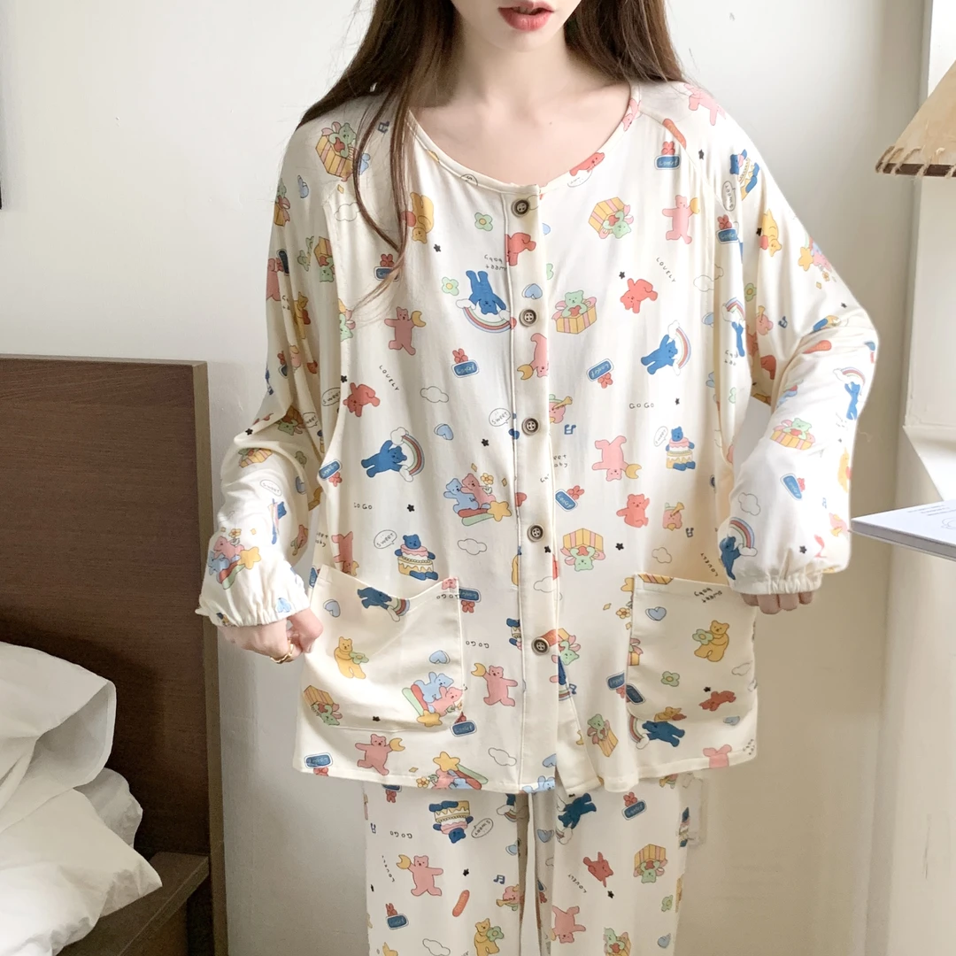 带胸垫莫代尔月子服大码夏季薄款产后孕妇哺乳待产家居服产妇睡衣