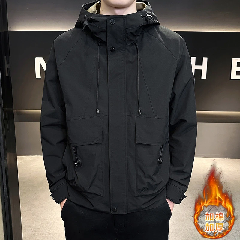 防风冬季加棉连帽外套加厚韩版潮流冲锋衣外套保暖男士运动20729