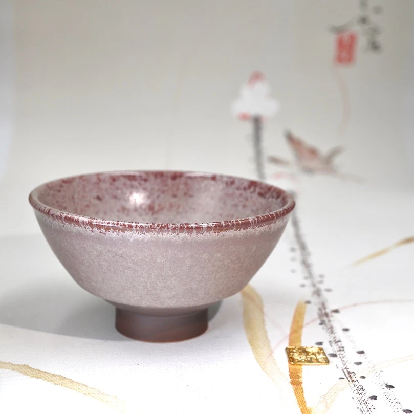 洪华山作品 霜梅盏红粉佳人撇口杯 景德镇窑变个人杯主人杯