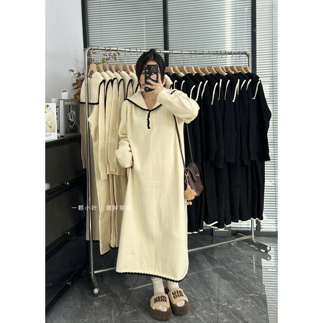 【一颗小叶】秋冬新款海军领显瘦减龄针织连衣裙保暖可内搭大码女装