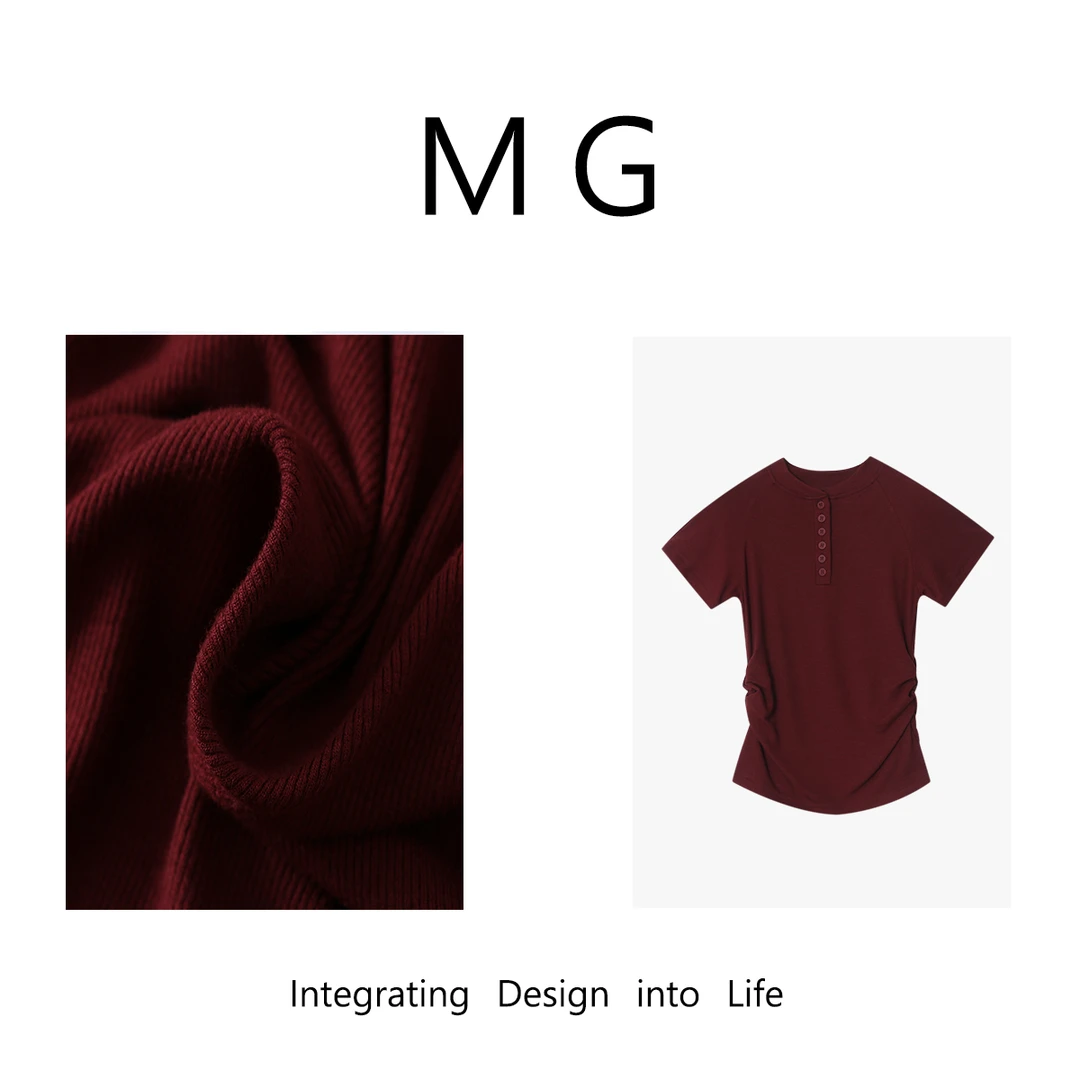 【MG】小纽扣 新款定制简约褶皱小纽扣短袖T恤上衣女MG-J060
