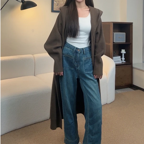 【老板娘专属】慵懒风连帽针织开衫女长款新款韩系秋季毛衣外套5801