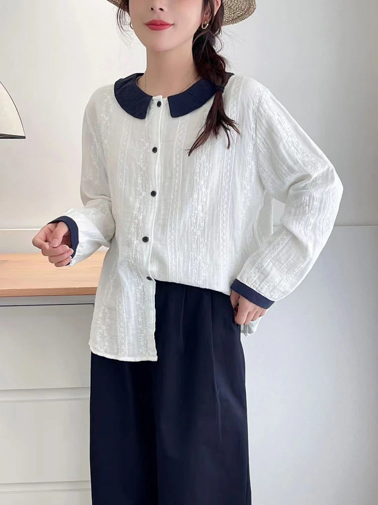 韩系刺绣漂亮衬衫女款秋季新款长袖娃娃领时尚百搭上衣遮肚子开衫