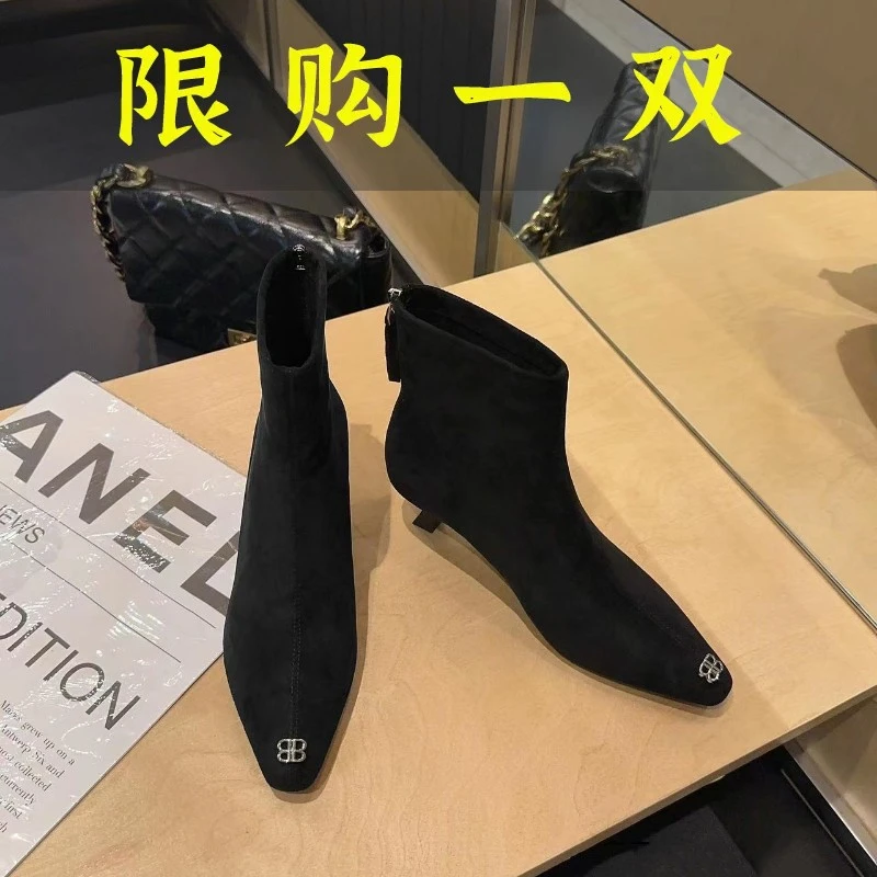 百丽纯爱4cm绒面短靴踝靴细跟尖头瘦瘦靴小高跟女靴绒面6267-1