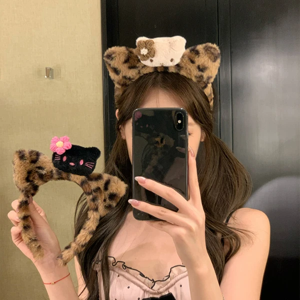 可爱豹纹Kitty猫毛绒早春居家洗脸发箍女高颅顶头箍时尚发卡发饰