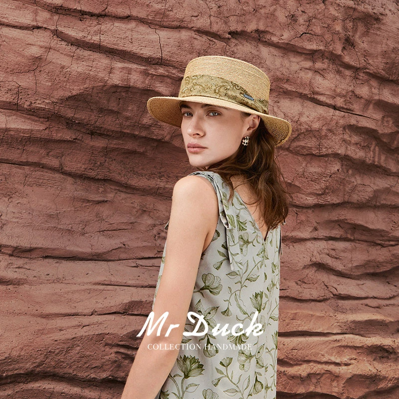 mrduck夏季新品 特细手编拉菲草辫大檐平顶草帽防晒男女大小头围