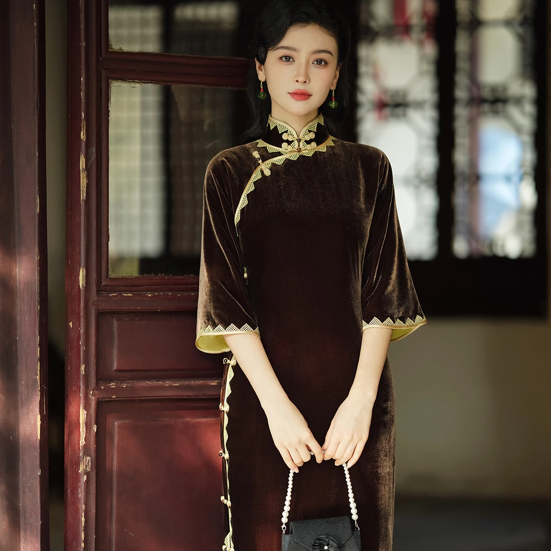 半溪月 秋冬长款修身丝绒古法平裁倒大袖传统手工旗袍