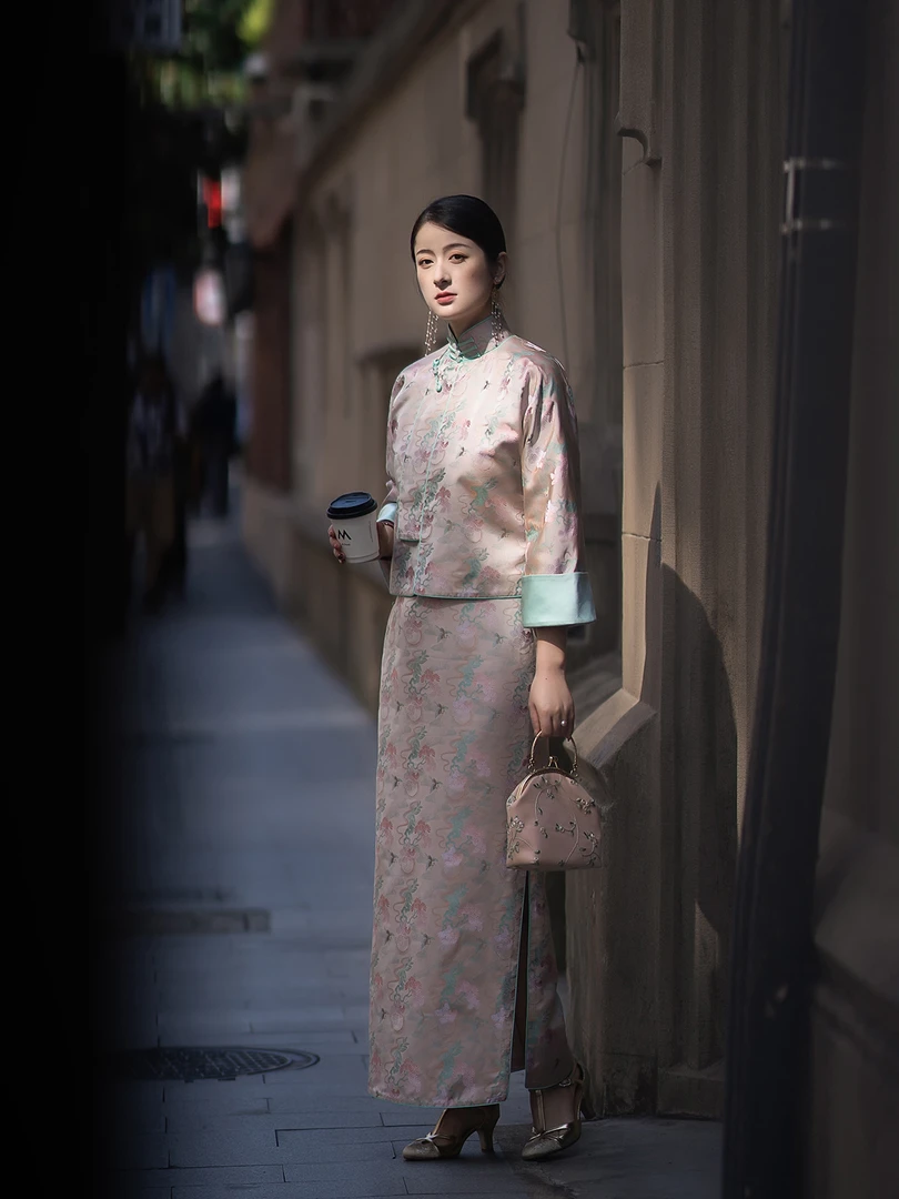 松涛鹤语 长款古法平裁真丝宋锦中式外套传统高定旗袍