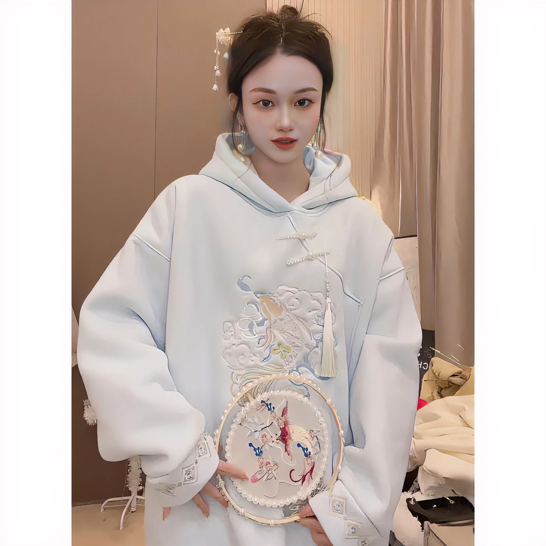 【锦瑟】新中式国风复古加厚羊羔绒卫衣女冬季宽松套头潮SF8936