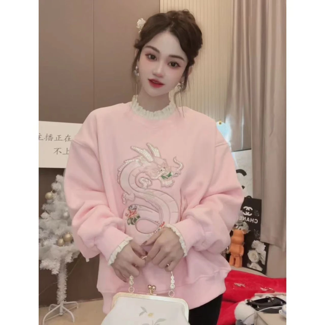 【粉黛】不加绒秋冬季圆领宽松蕾丝领假两件卫衣网红时尚百搭ins