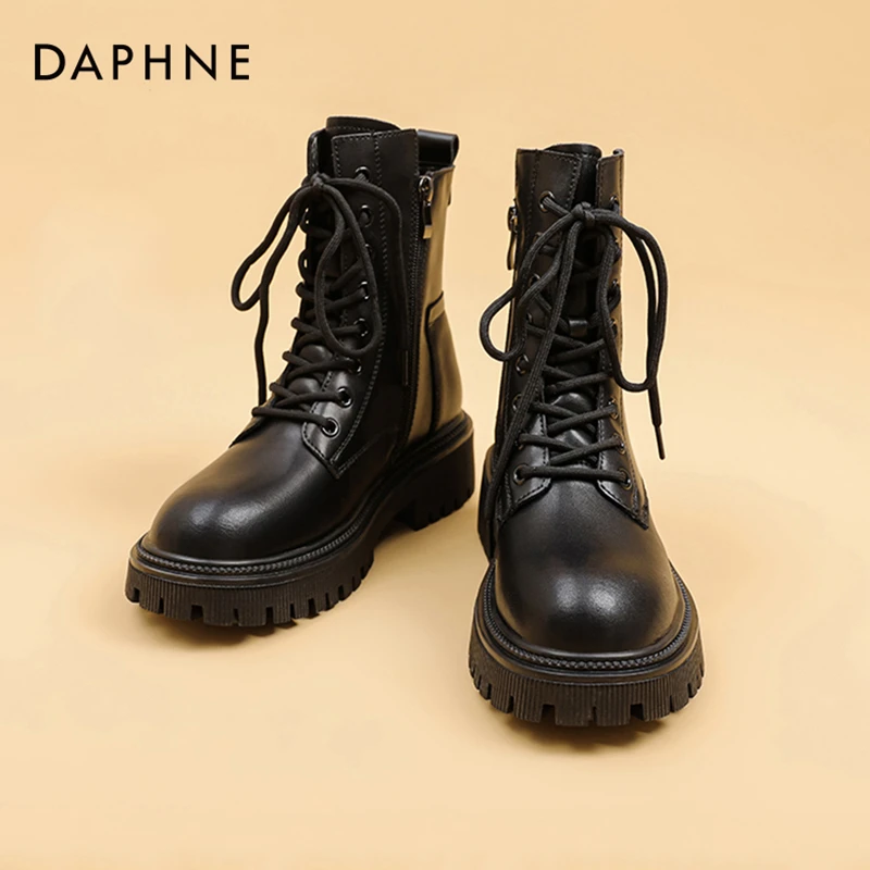 达芙妮黑色马丁靴女2024百搭单靴秋冬加绒靴子增高英伦厚底短靴X