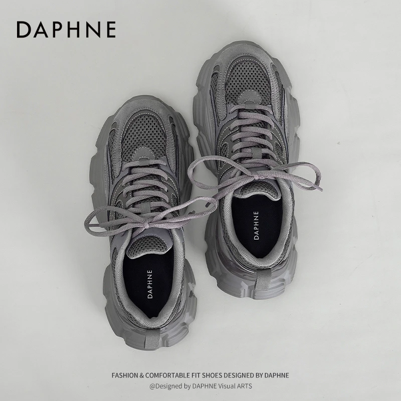 达芙妮灰色老爹鞋女2025新款春夏复古网面透气小怪兽休闲运动鞋子