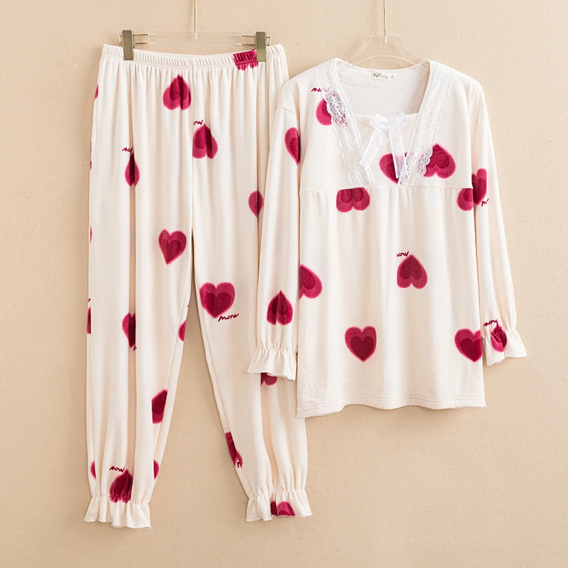 春秋长袖长裤大码睡衣女冬季宽松胖mm双面绒家居服套装批发7148